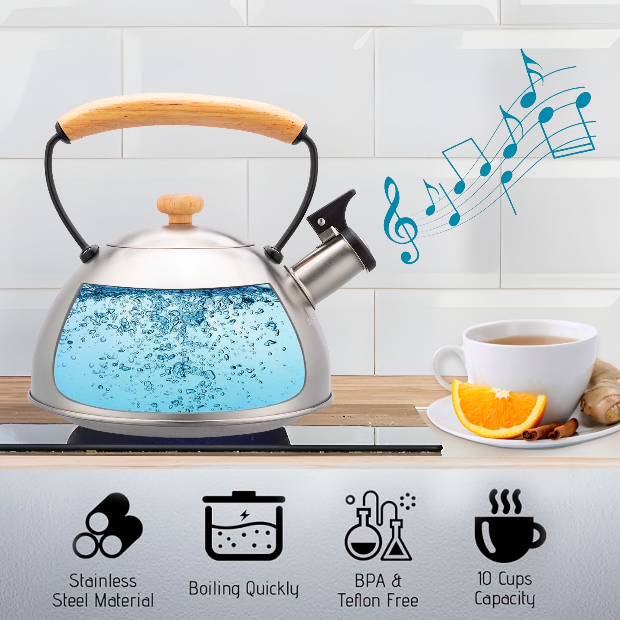 Bouilloire à Induction Théière Sifflet 2,3L  Acier Inox. Retro, Poignée en Bois  Inox Wooden - Mathon - 3