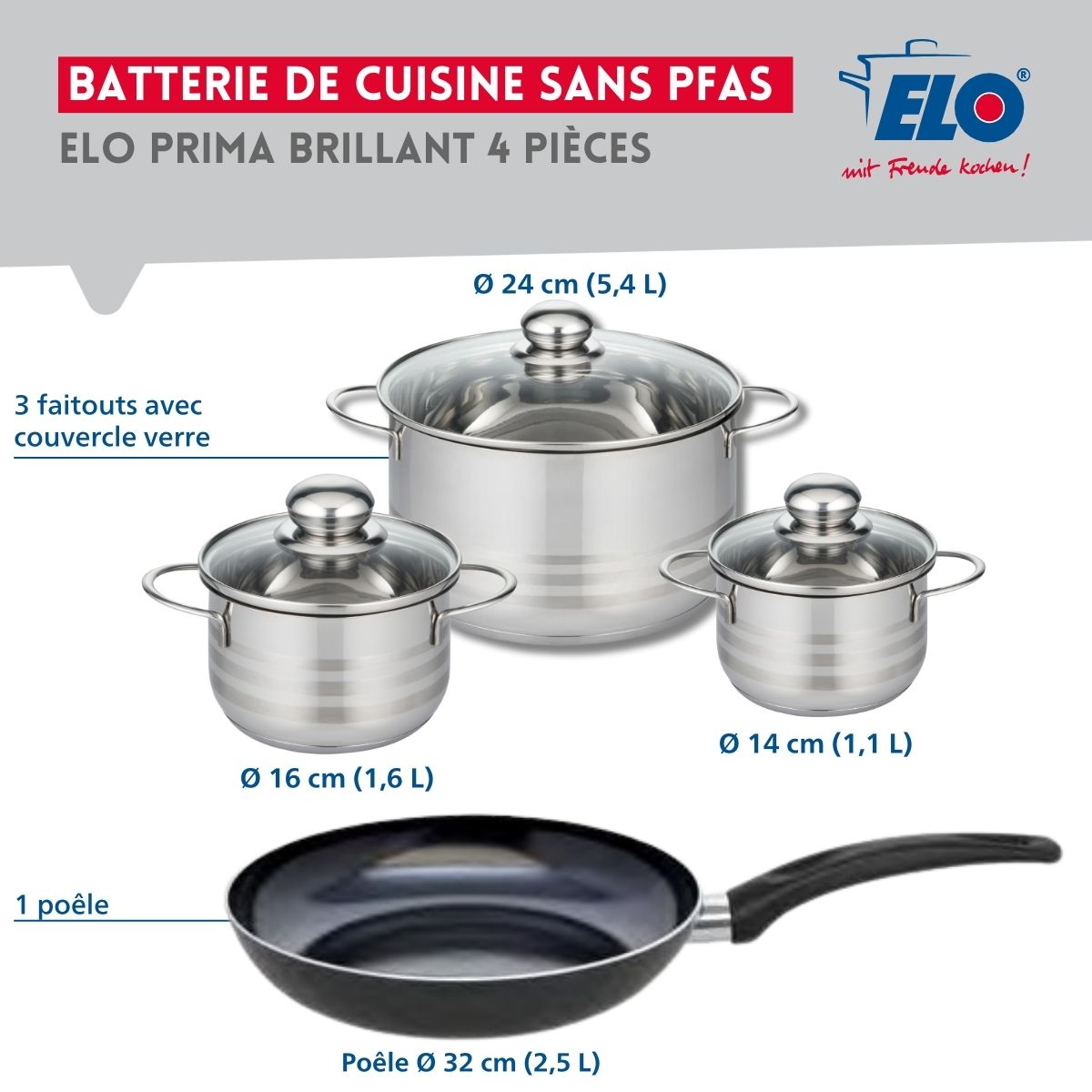 Ensemble de 1 Poêle de cuisson 32 cm et 3 faitouts 14, 16 et 24 cm  Prima Brillant Elo - Mathon - 2
