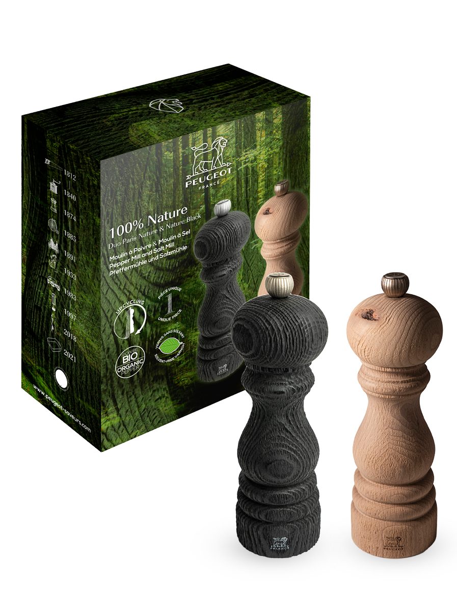 100% Nature Duo de moulins à poivre et à sel manuels en bois revalorisé Nature et Nature Black, 18 cm Peugeot - Mathon - 1