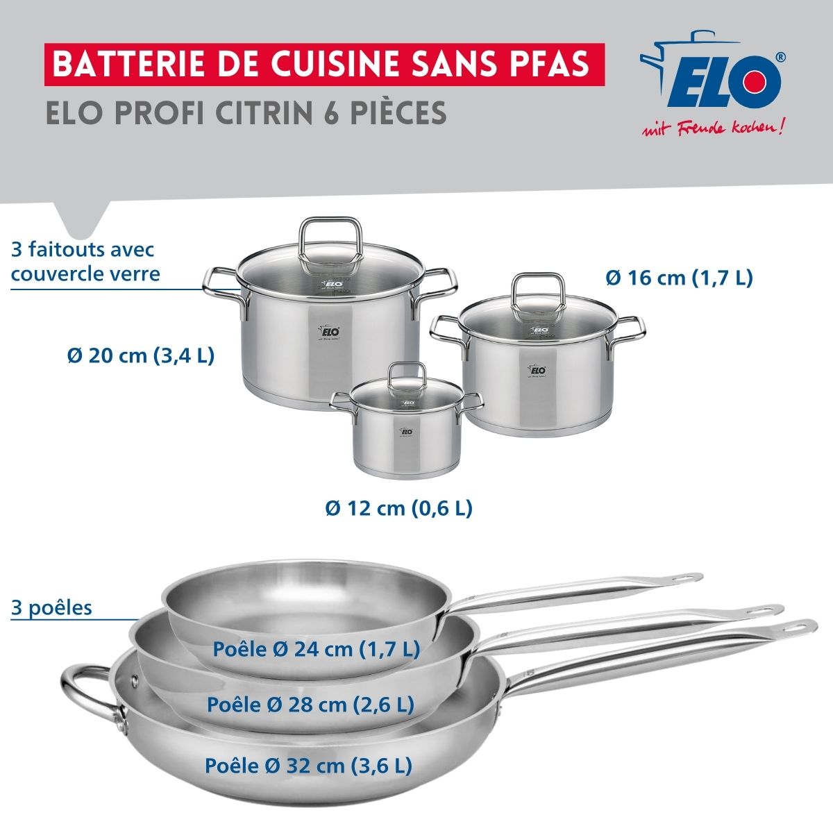 Ensemble de 3 Poêles de cuisson 24, 28 et 32 cm et 3 faitouts 12, 16 et 20 cm  Profi Citrin Elo - Mathon - 2