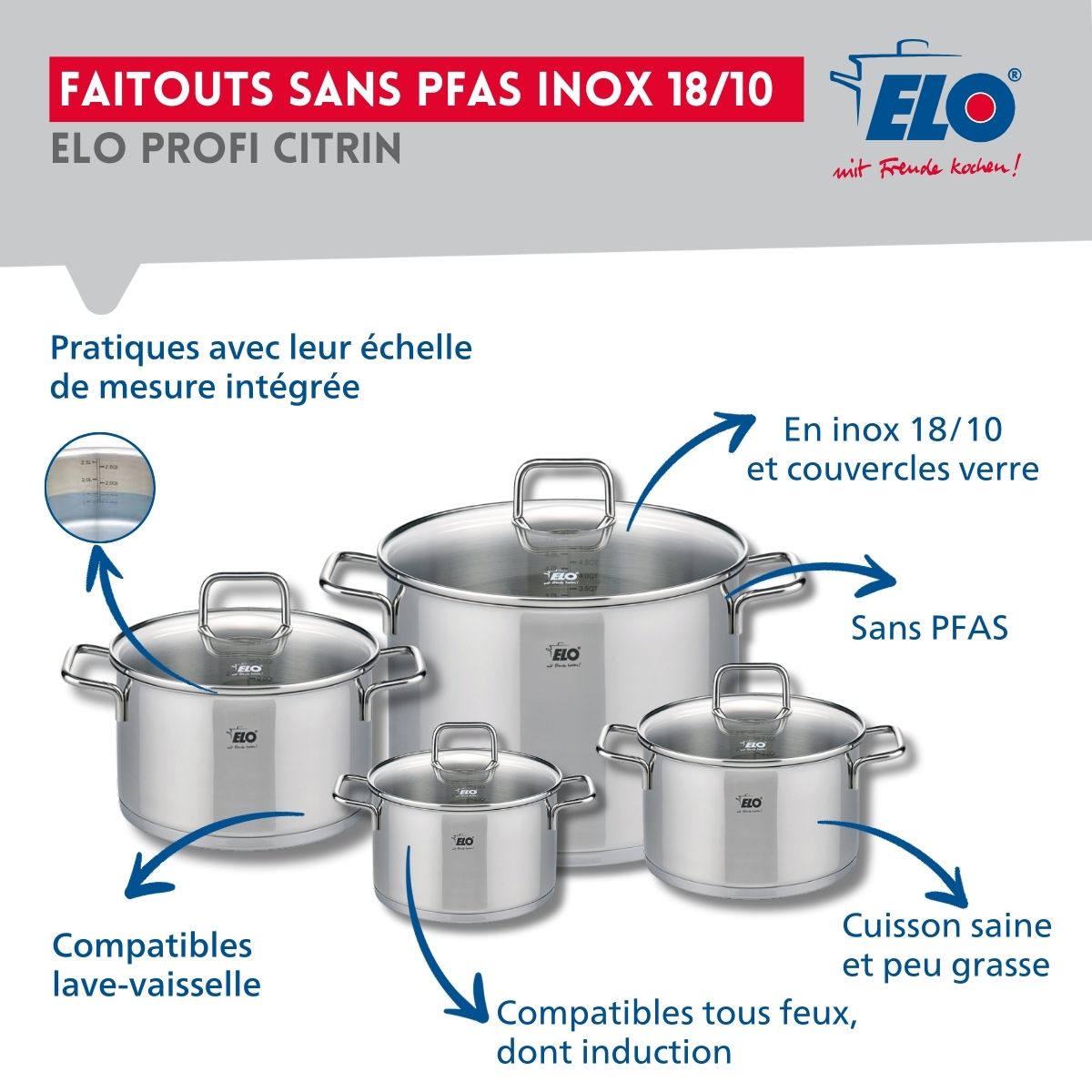 Ensemble de 3 Poêles de cuisson 24, 28 et 32 cm et 4 faitouts 14, 16, 20 et 26 cm  Profi Citrin Elo - Mathon - 3