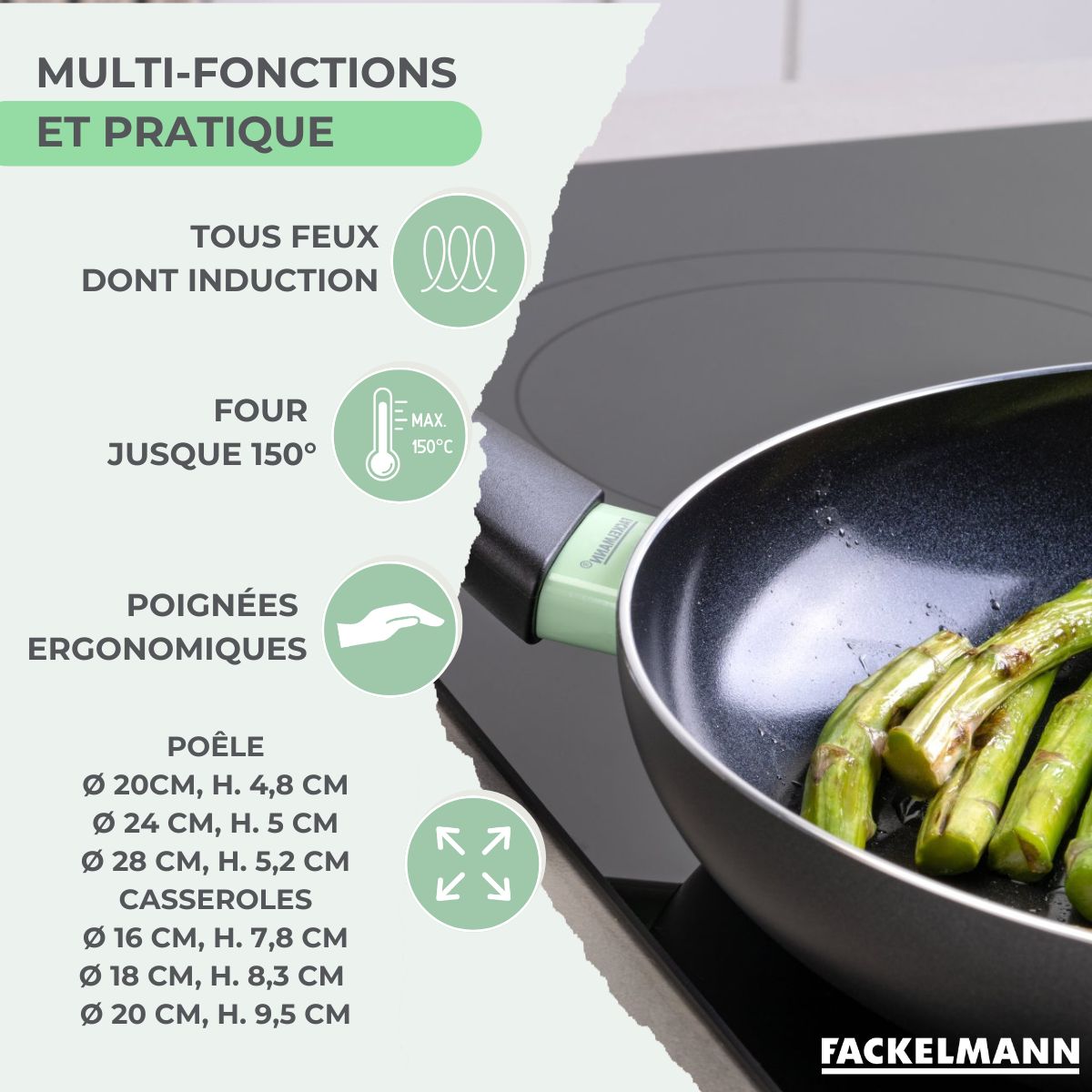 Set de 3 poêles 20 24 et 28 cm et 3 casseroles 16, 18 et 20 cm antiadhésives céramique et 6 ustensiles  Brandao Fackelmann - Mathon - 3