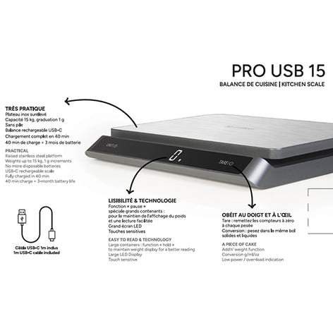 Balance de cuisine digitale inox Pro USB 15 kg Terraillon - Mathon - 2