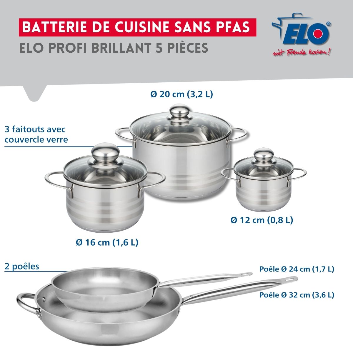 Ensemble de 2 Poêles de cuisson 24 et 32 cm et 3 faitouts 12, 16 et 20 cm  Profi Brillant Elo - Mathon - 2