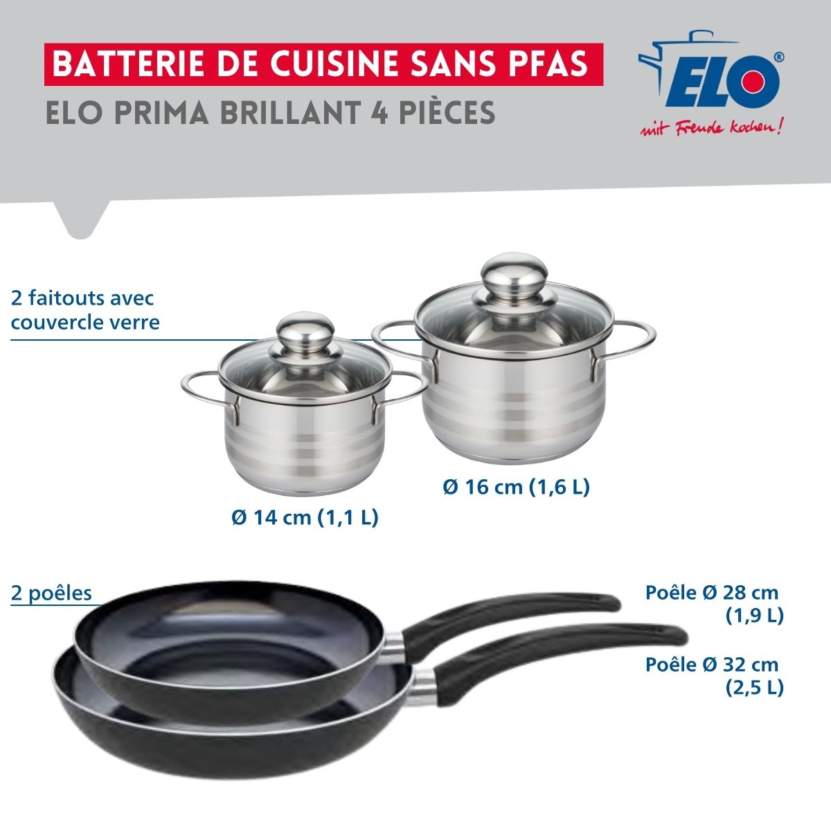 Ensemble de 2 Poêles de cuisson 28 et 32 cm et 2 faitouts 14 et 16 cm  Prima Brillant Elo - Mathon - 2