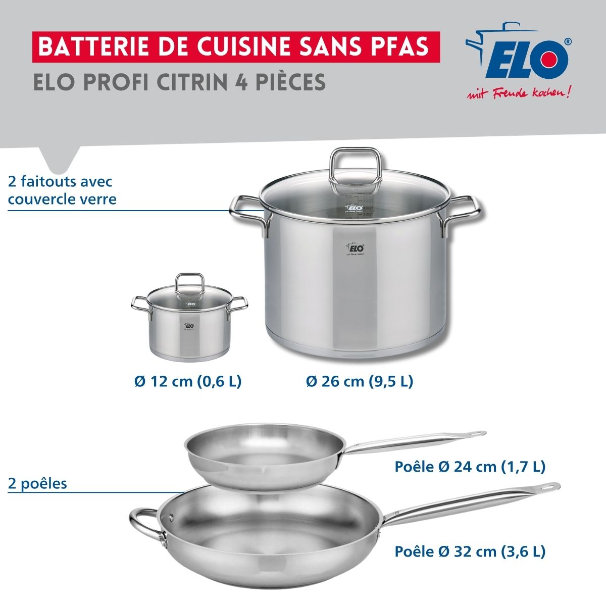 Ensemble de 2 Poêles de cuisson 24 et 32 cm et 2 faitouts 12 et 26 cm  Profi Citrin Elo - Mathon - 2