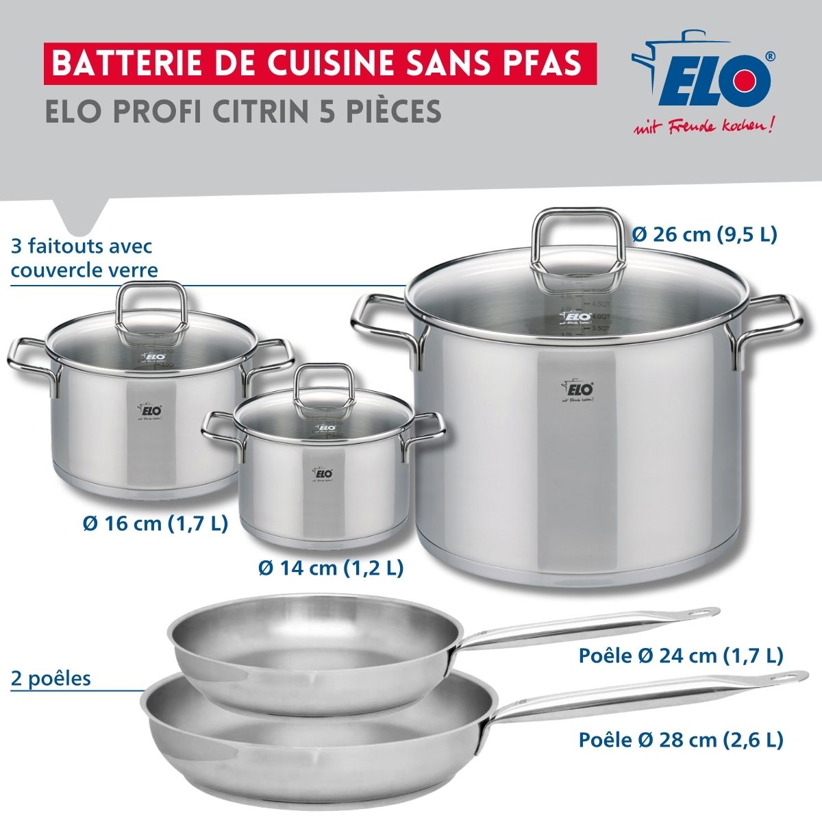 Ensemble de 2 Poêles de cuisson 24 et 28 cm et 3 faitouts 14, 16 et 26 cm  Profi Citrin Elo - Mathon - 2