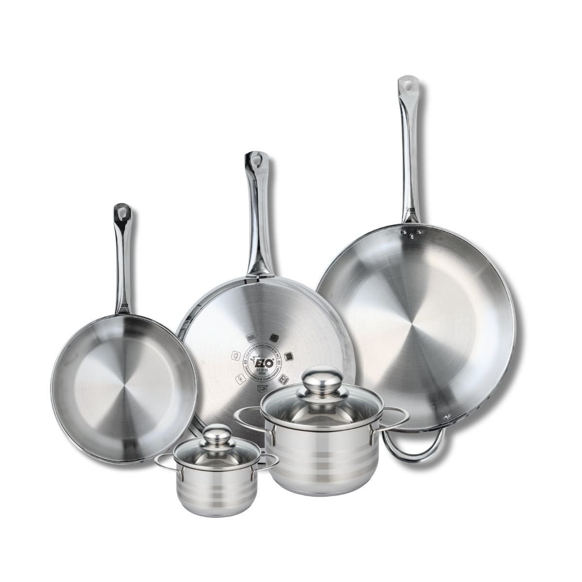Ensemble de 3 Poêles de cuisson 24, 28 et 32 cm et 2 faitouts 12 et 16 cm  Profi Brillant Elo - Mathon - 1