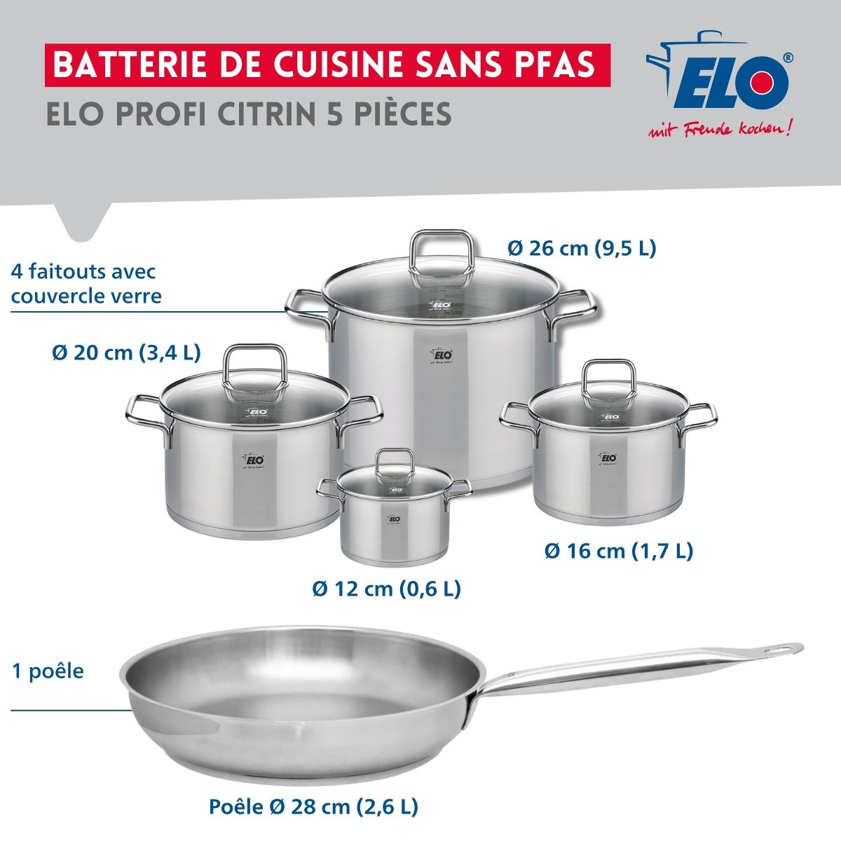 Ensemble de 1 Poêle de cuisson 28 cm et 4 faitouts 12, 16, 20 et 26 cm  Profi Citrin Elo - Mathon - 2
