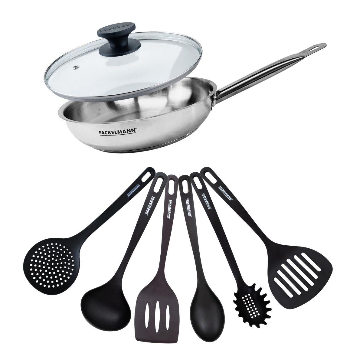 Set de 1 poêle de 28 cm en inox 1 couvercle en verre et 6 ustensiles  Eterna Fackelmann - Mathon - 1