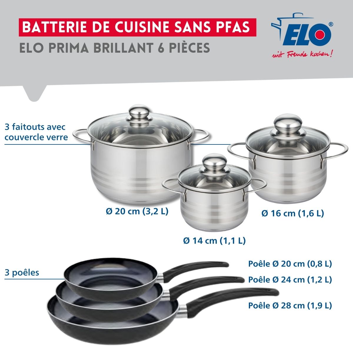 Ensemble de 3 Poêles de cuisson 20, 24 et 28 cm et 3 faitouts 14, 16 et 20 cm  Prima Brillant Elo - Mathon - 2