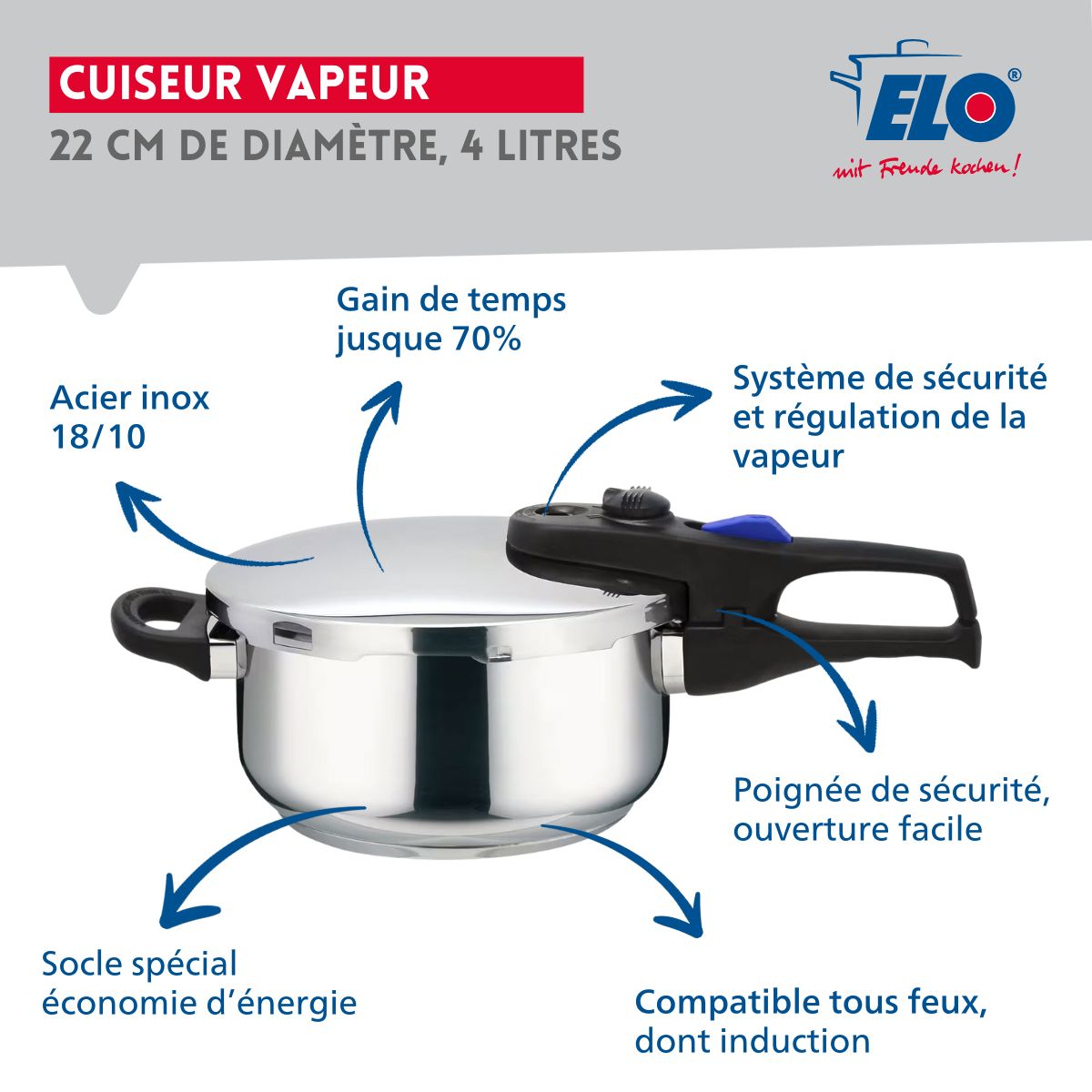 Autocuiseur vapeur en acier inoxydable 18/10 22 cm 4 litres  Praktika Elo - Mathon - 3