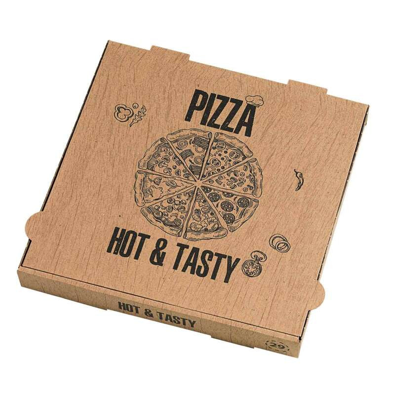 100Pcs - Boîte à pizza carton brun décor "Hot and Tasty" 290x290x40mm FirstPack - Mathon