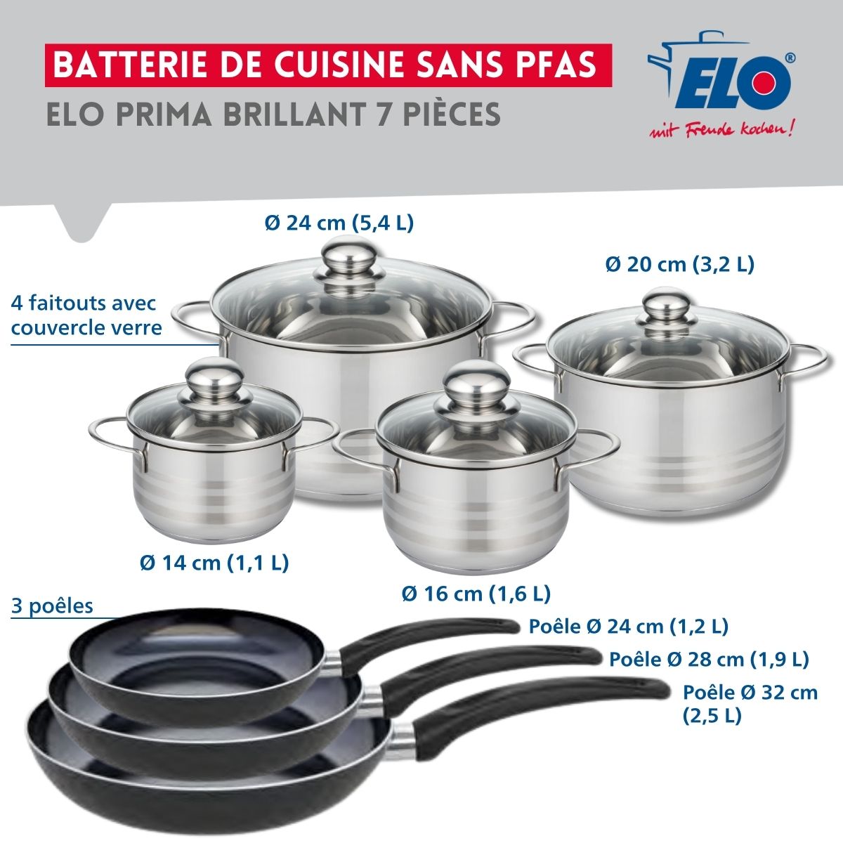 Ensemble de 3 Poêles de cuisson 24, 28 et 32 cm et 4 faitouts 14, 16, 20 et 24 cm  Prima Brillant Elo - Mathon - 2