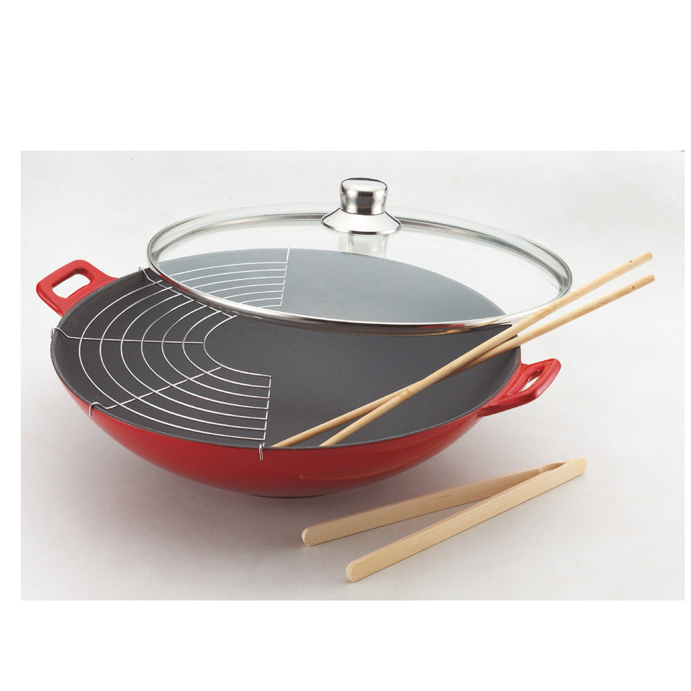 Wok fonte rouge 36 cm avec couvercle en verre Baumalu - Mathon - 1