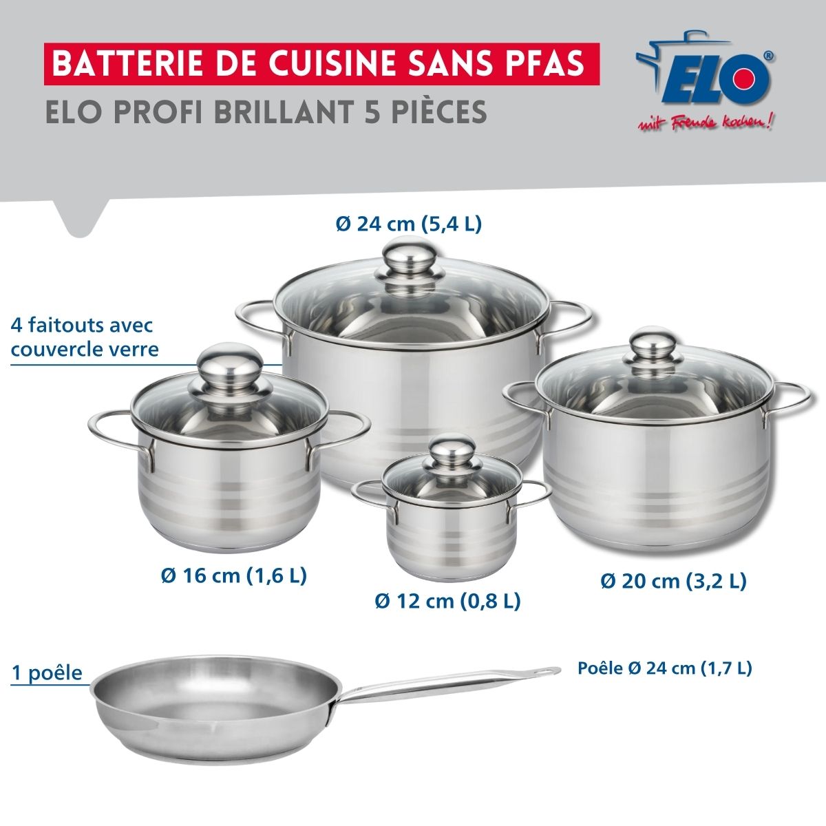 Ensemble de 1 Poêle de cuisson 24 cm et 4 faitouts 12, 16, 20 et 24 cm  Profi Brillant Elo - Mathon - 2
