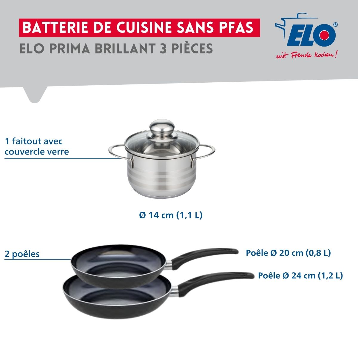 Ensemble de 2 Poêles de cuisson 20 et 24 cm et 1 faitout 14 cm  Prima Brillant Elo - Mathon - 2