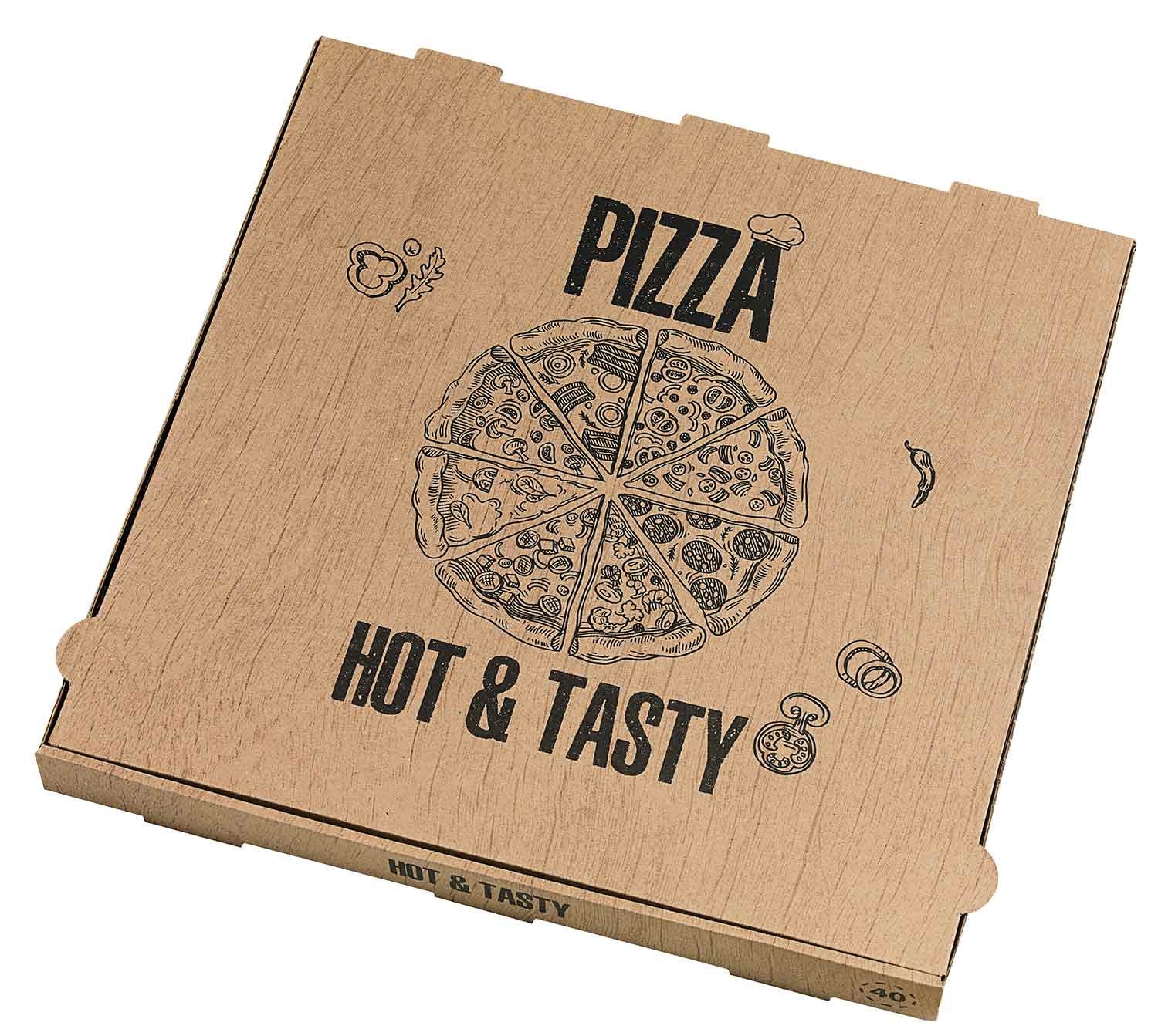 100Pcs - Boite à pizza carton brun, décor "Hot and Tasty"  400x400x40mm FirstPack - Mathon