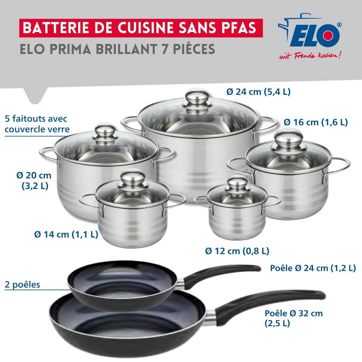 Ensemble de 2 Poêles de cuisson 24 et 32 cm et 5 faitouts 12, 14, 16, 20 et 24 cm  Prima Brillant Elo - Mathon - 2