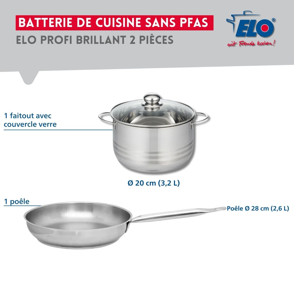 Ensemble de 1 Poêle de cuisson 28 cm et 1 faitout 20 cm  Profi Brillant Elo - Mathon - 2