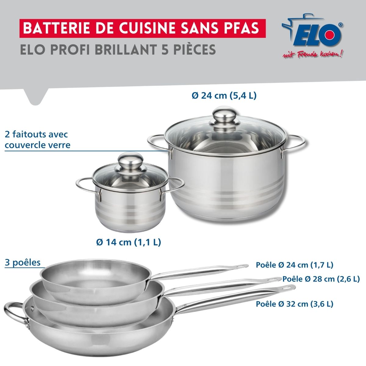Ensemble de 3 Poêles de cuisson 24, 28 et 32 cm et 2 faitouts 14 et 24 cm  Profi Brillant Elo - Mathon - 2
