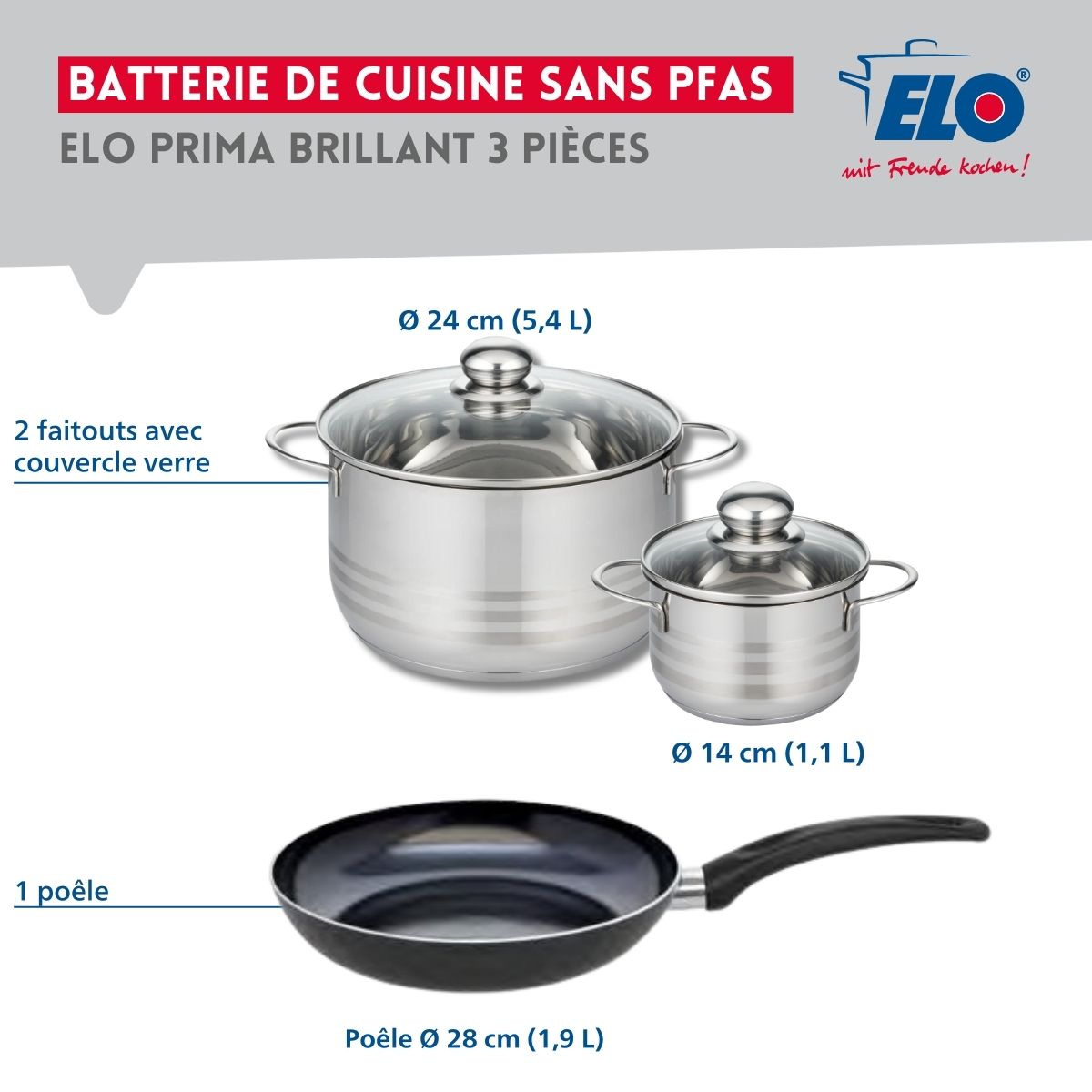 Ensemble de 1 Poêle de cuisson 28 cm et 2 faitouts 14 et 24 cm  Prima Brillant Elo - Mathon - 2