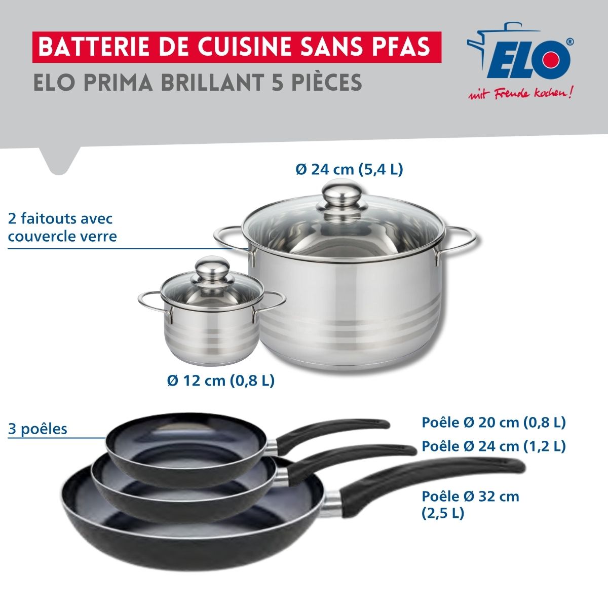 Ensemble de 3 Poêles de cuisson 20, 24 et 32 cm et 2 faitouts 12 et 24 cm  Prima Brillant Elo - Mathon - 2