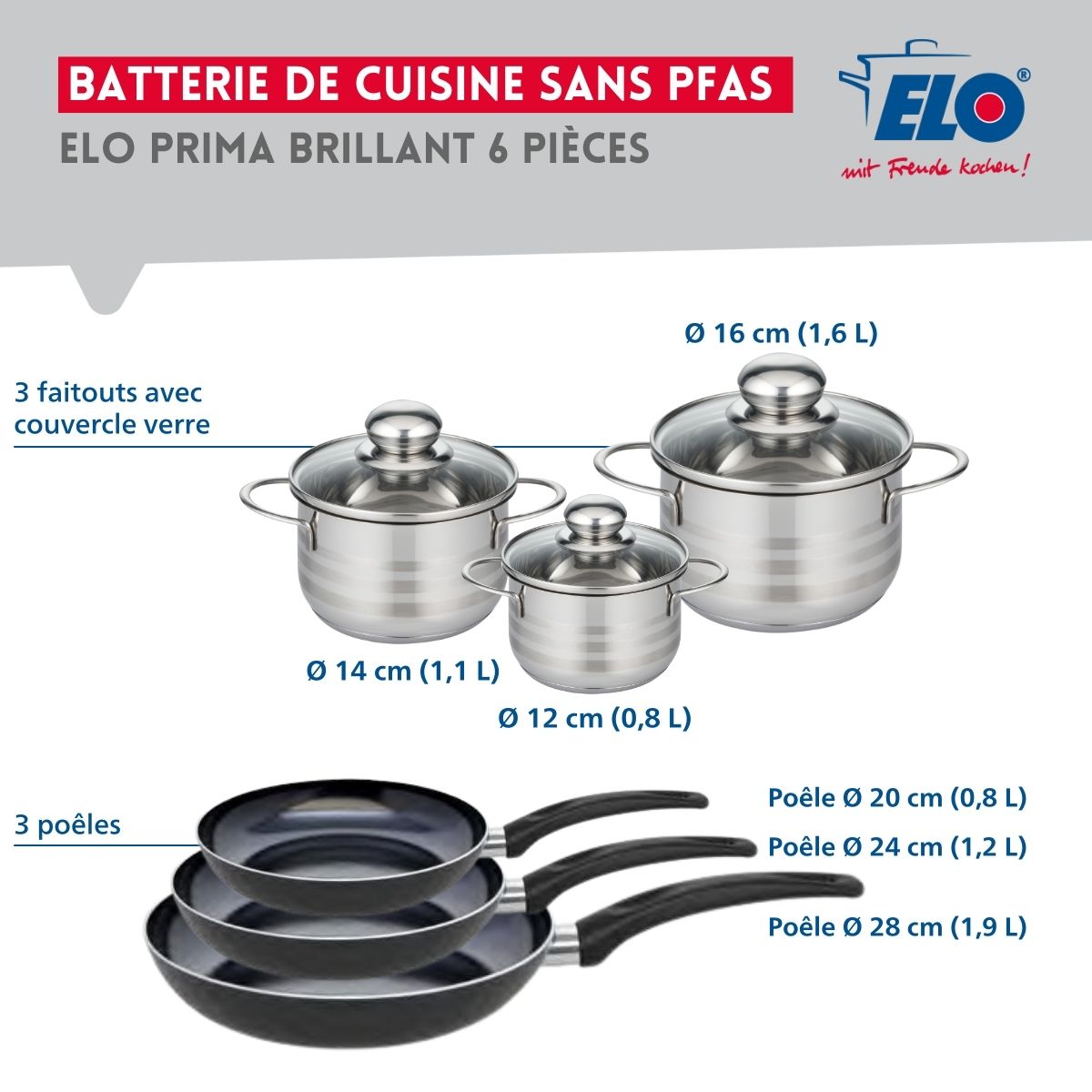 Ensemble de 3 Poêles de cuisson 20, 24 et 28 cm et 3 faitouts 12, 14 et 16 cm  Prima Brillant Elo - Mathon - 2