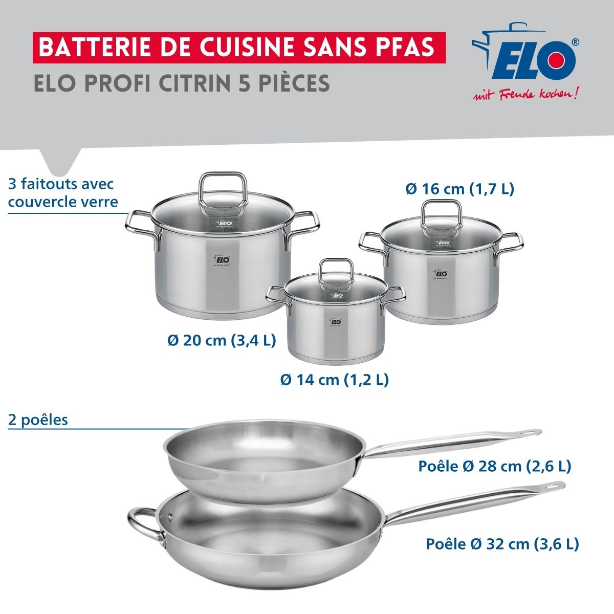 Ensemble de 2 Poêles de cuisson 28 et 32 cm et 3 faitouts 14, 16 et 20 cm  Profi Citrin Elo - Mathon - 2