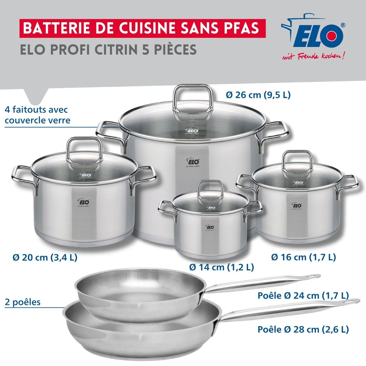 Ensemble de 2 Poêles de cuisson 24 et 28 cm et 4 faitouts 14, 16, 20 et 26 cm  Profi Citrin Elo - Mathon - 2