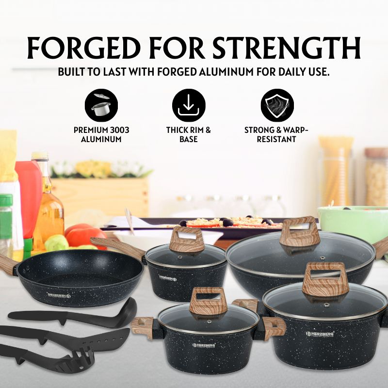 Batterie de cuisine 14 pièces avec revêtement en granit et manche en bois Noir Herzberg HGWDMRB14-BLK Herzberg - Mathon - 6