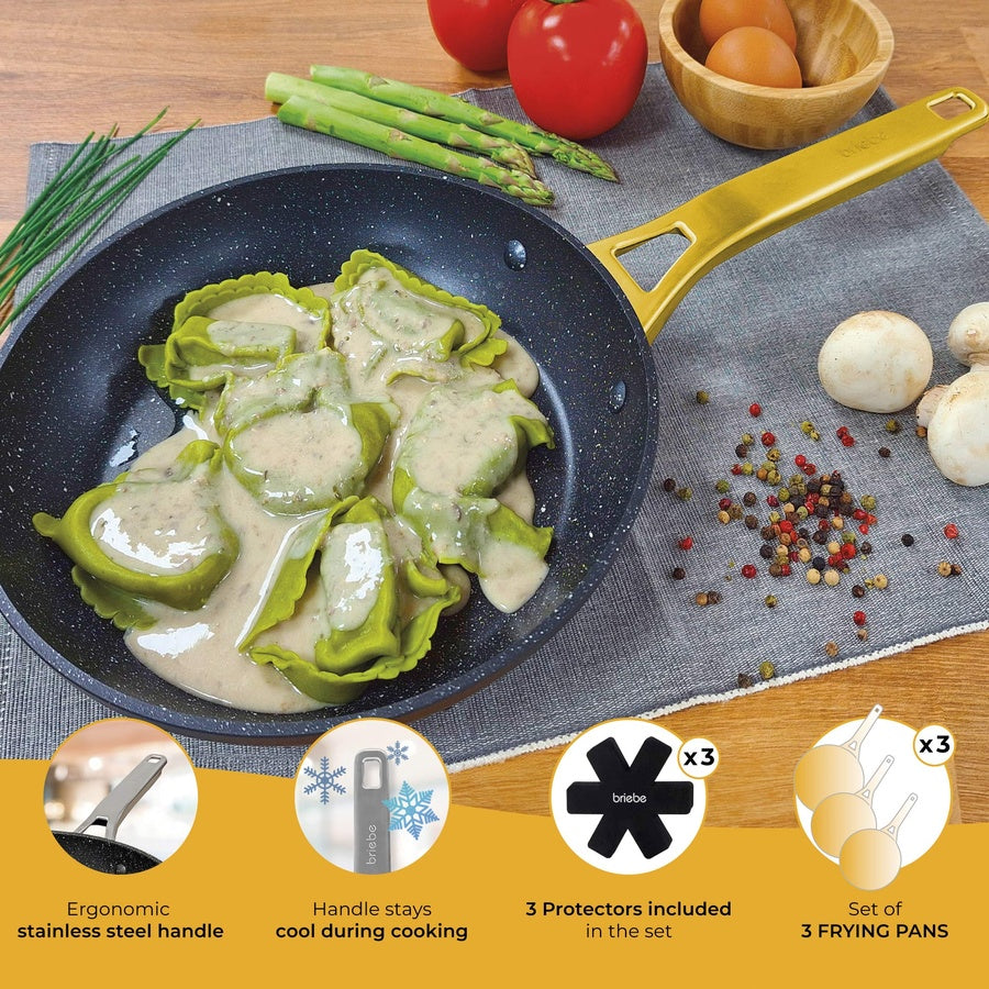 Set 3 Poêles à Frire Antiadhésives à Induction 18-20-24cm, Aluminium Forgé  Noir Gold Titanium - Mathon - 7