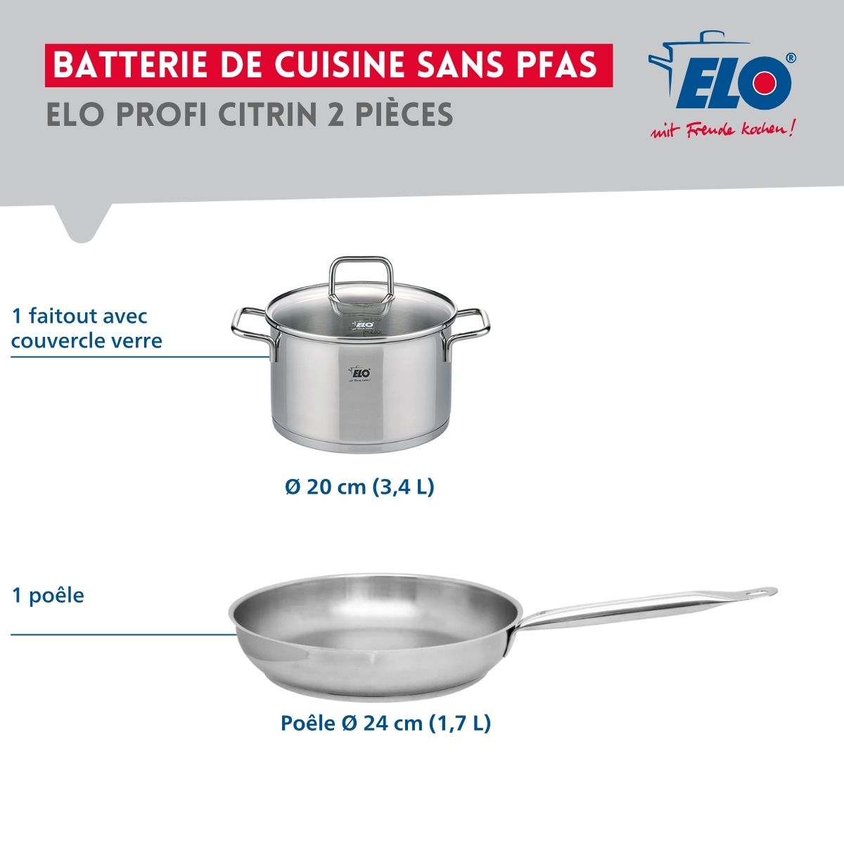Ensemble de 1 Poêle de cuisson 24 cm et 1 faitout 20 cm  Profi Citrin Elo - Mathon - 2