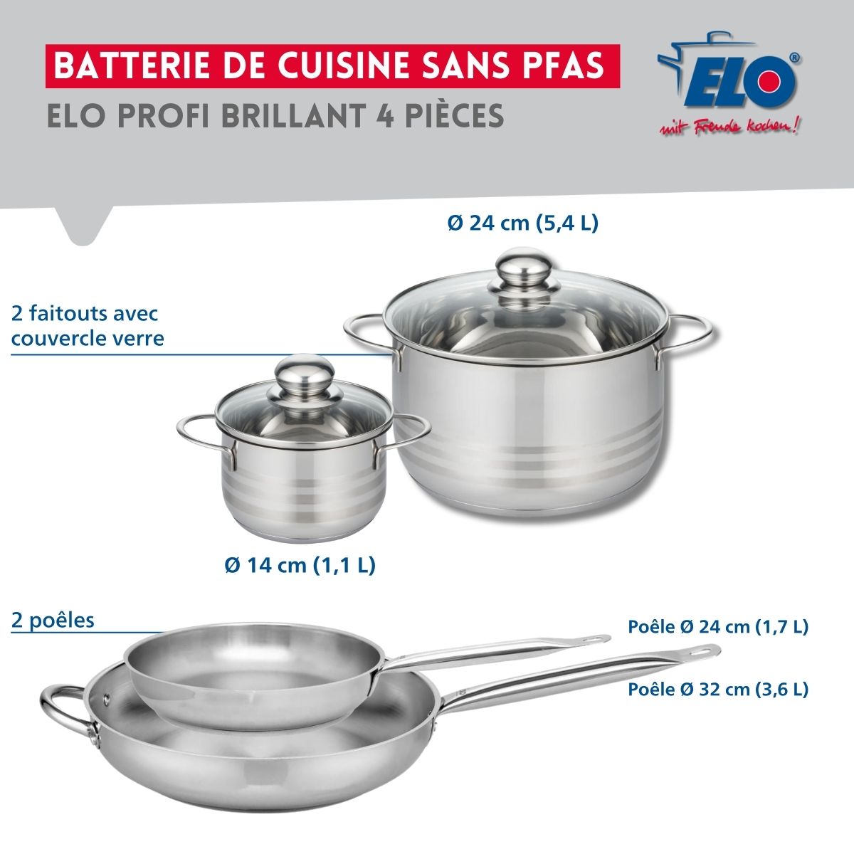 Ensemble de 2 Poêles de cuisson 24 et 32 cm et 2 faitouts 14 et 24 cm  Profi Brillant Elo - Mathon - 2