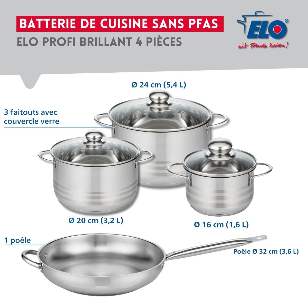 Ensemble de 1 Poêle de cuisson 32 cm et 3 faitouts 16, 20 et 24 cm  Profi Brillant Elo - Mathon - 2