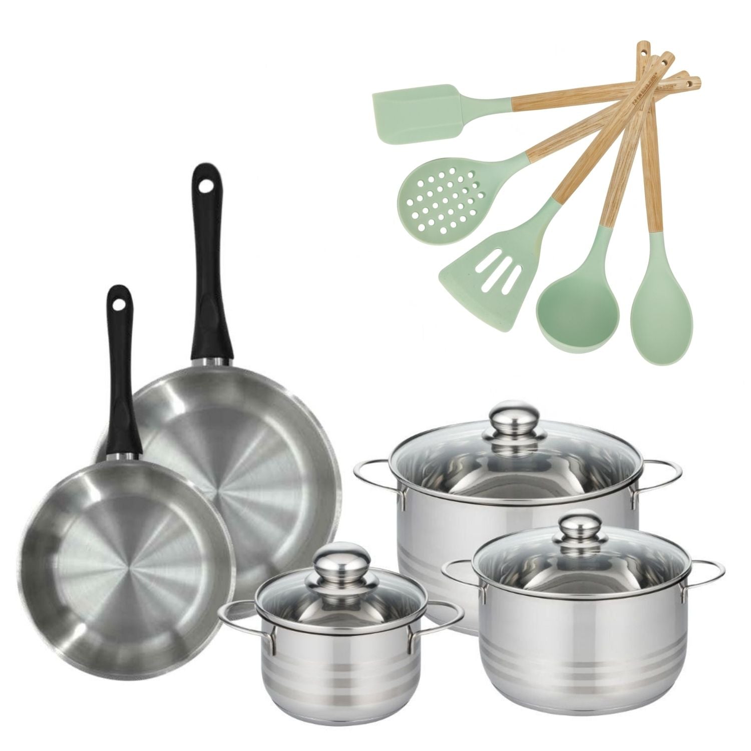 Lot 3 Faitouts 16/20/24cm et 2 Poêles 20/24cm  Généva avec 5 ustensiles Fackelmann - Mathon - 1