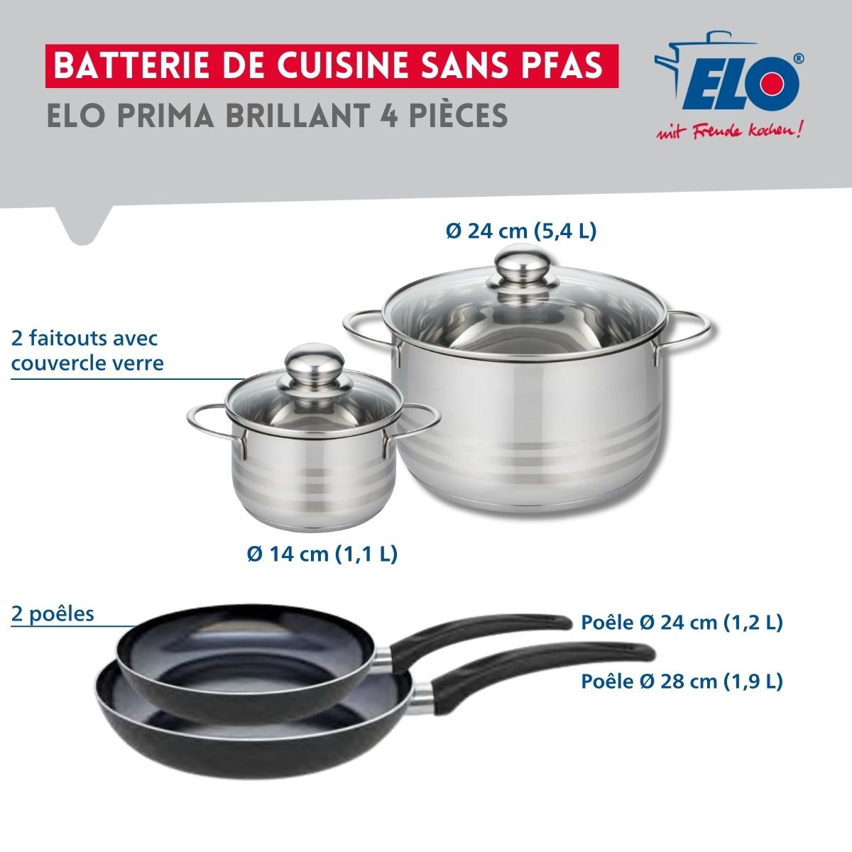Ensemble de 2 Poêles de cuisson 24 et 28 cm et 2 faitouts 14 et 24 cm  Prima Brillant Elo - Mathon - 2