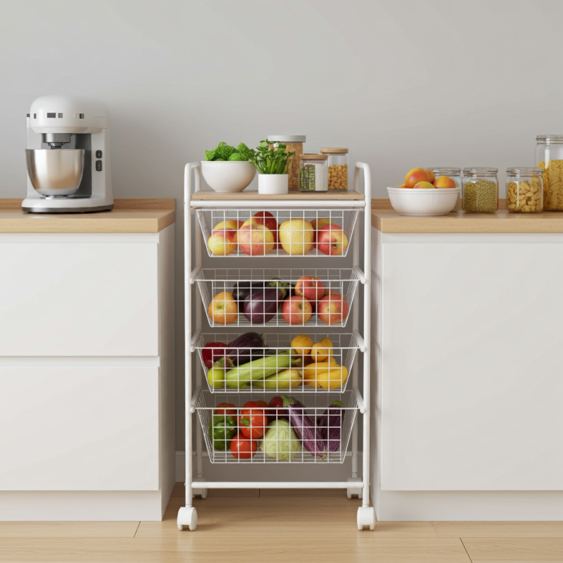 Desserte de cuisine, 4 paniers, plan de travail couleur bouleau texturé avec effet latté, nora Don Hierro - Mathon - 5