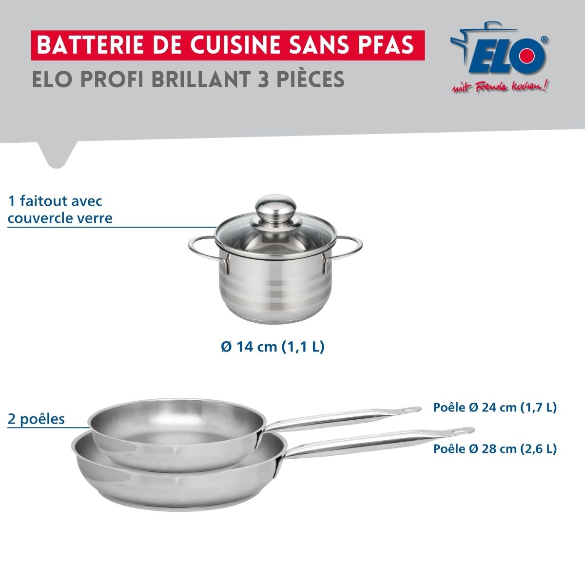 Ensemble de 2 Poêles de cuisson 24 et 28 cm et 1 faitout 14 cm  Profi Brillant Elo - Mathon - 2