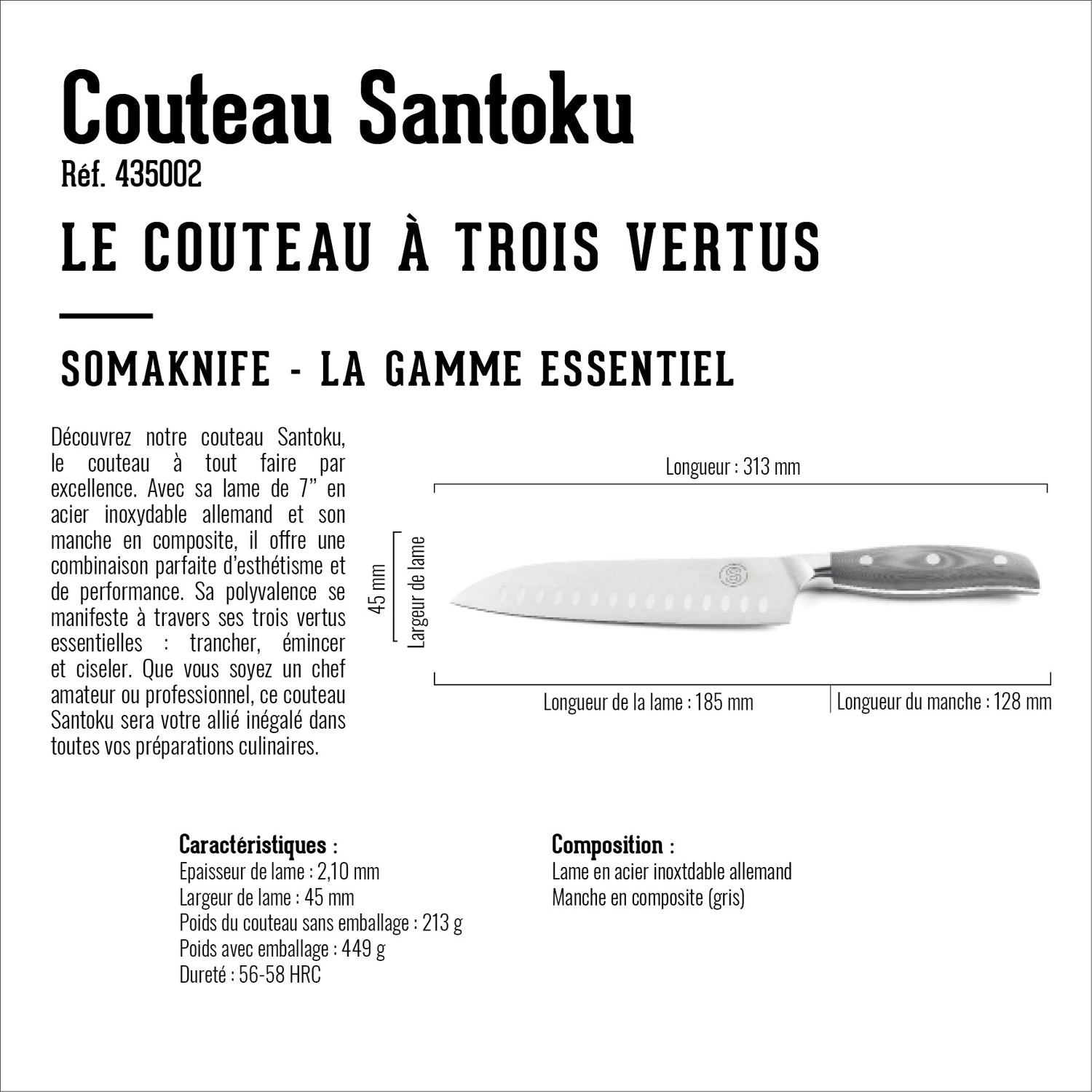 Couteau SANTOKU 7 pouces, gamme Essentiel Somagic - Mathon - 4