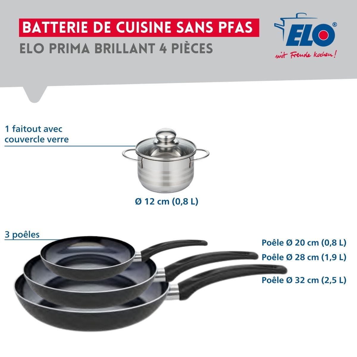 Ensemble de 3 Poêles de cuisson 20, 28 et 32 cm et 1 faitout 12 cm  Prima Brillant Elo - Mathon - 2