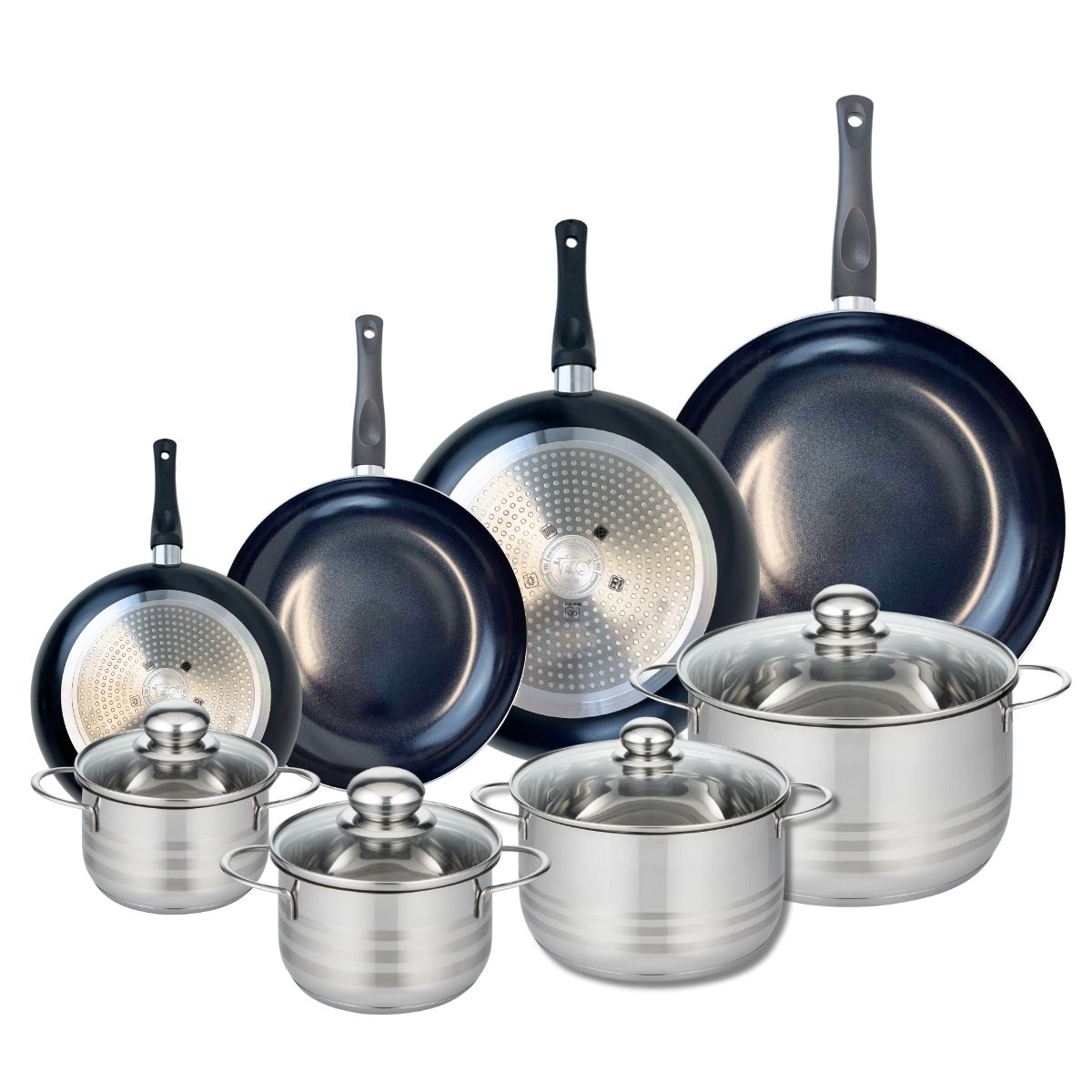 Ensemble de 4 Poêles de cuisson 20, 24, 28 et 32 cm et 4 faitouts 14, 16, 20 et 24 cm  Prima Brillant Elo - Mathon - 1