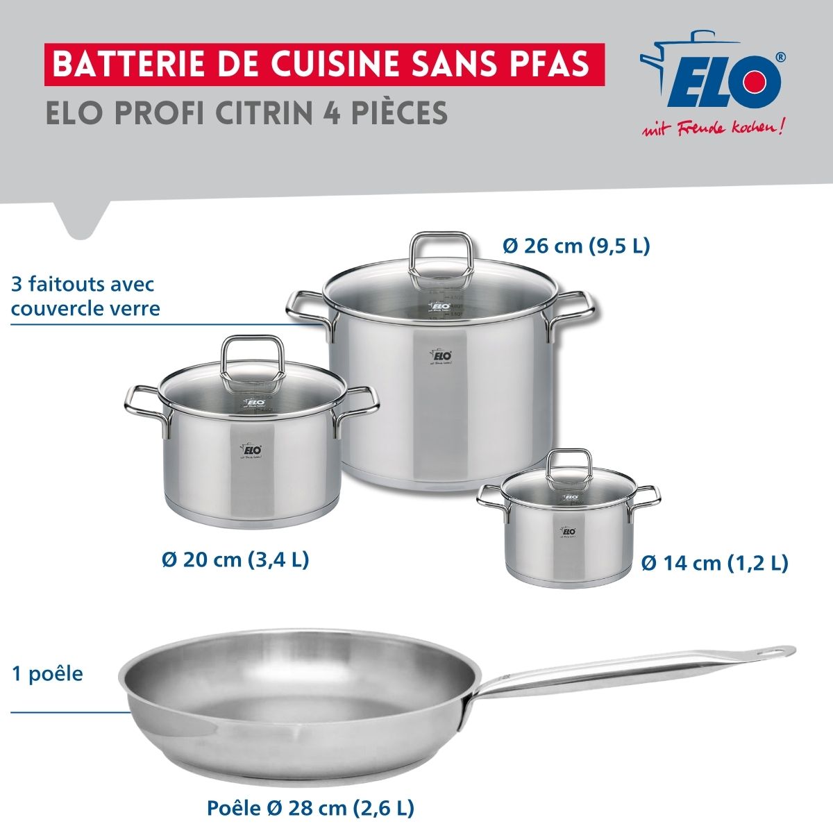 Ensemble de 1 Poêle de cuisson 28 cm et 3 faitouts 14, 20 et 26 cm  Profi Citrin Elo - Mathon - 2