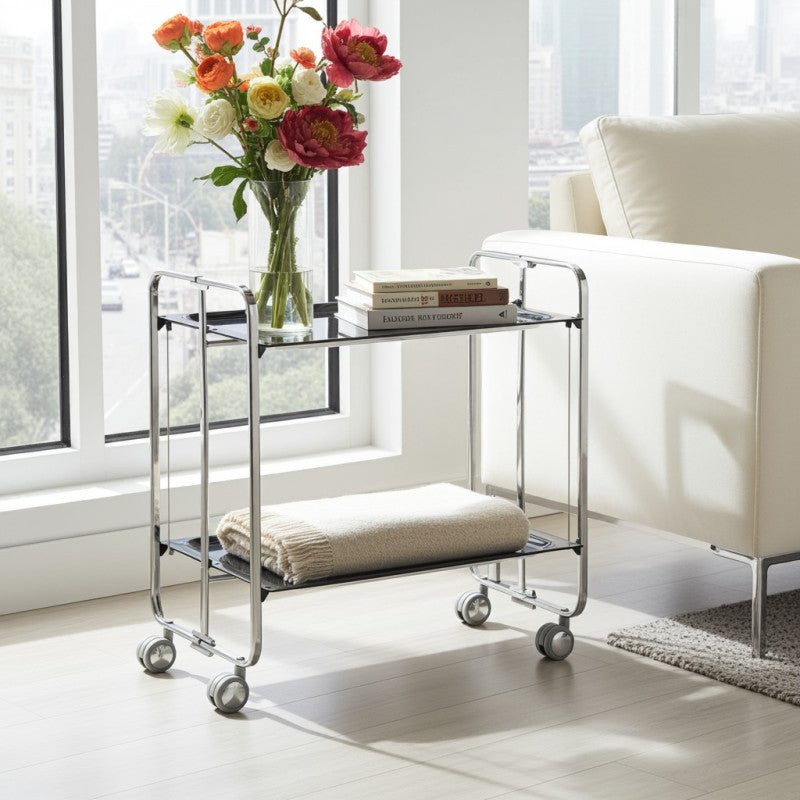 Desserte pliante 2 niveaux avec roulettes – structure chromée, bauhaus Don Hierro - Mathon - 2