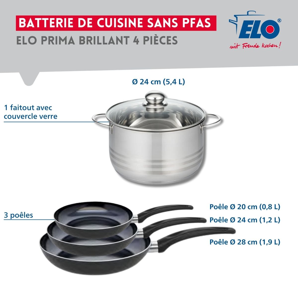 Ensemble de 3 Poêles de cuisson 20, 24 et 28 cm et 1 faitout 24 cm  Prima Brillant Elo - Mathon - 2