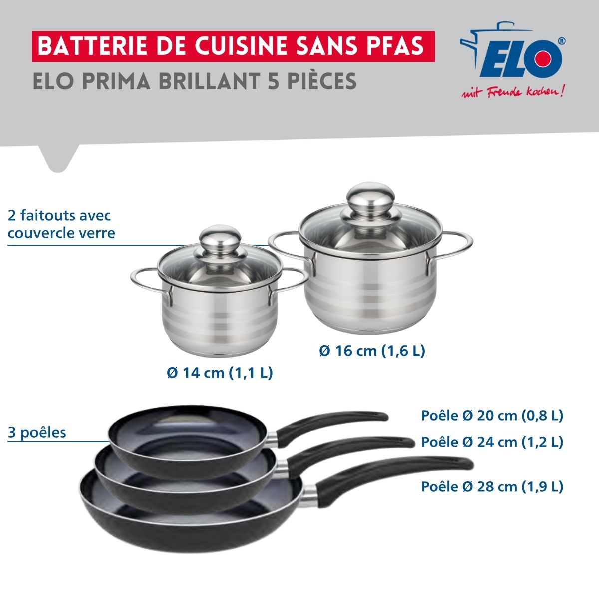 Ensemble de 3 Poêles de cuisson 20, 24 et 28 cm et 2 faitouts 14 et 16 cm  Prima Brillant Elo - Mathon - 2
