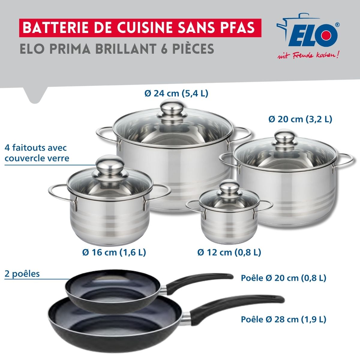 Ensemble de 2 Poêles de cuisson 20 et 28 cm et 4 faitouts 12, 16, 20 et 24 cm  Prima Brillant Elo - Mathon - 2