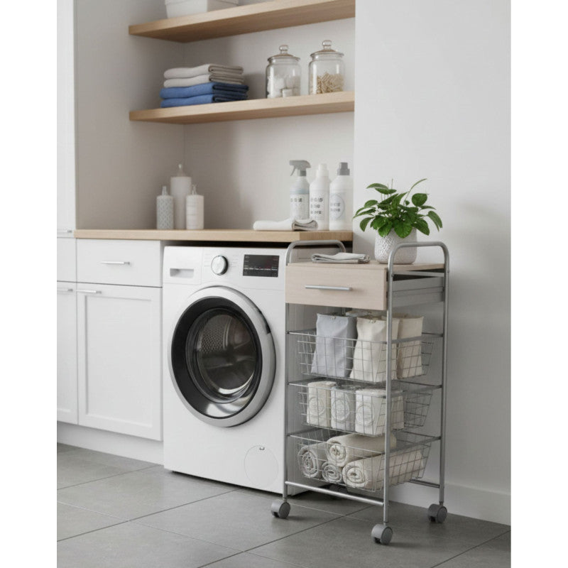 Desserte de cuisine alesia – 3 paniers, tiroir et plateau hêtre – gris aluminium Don Hierro - Mathon - 8