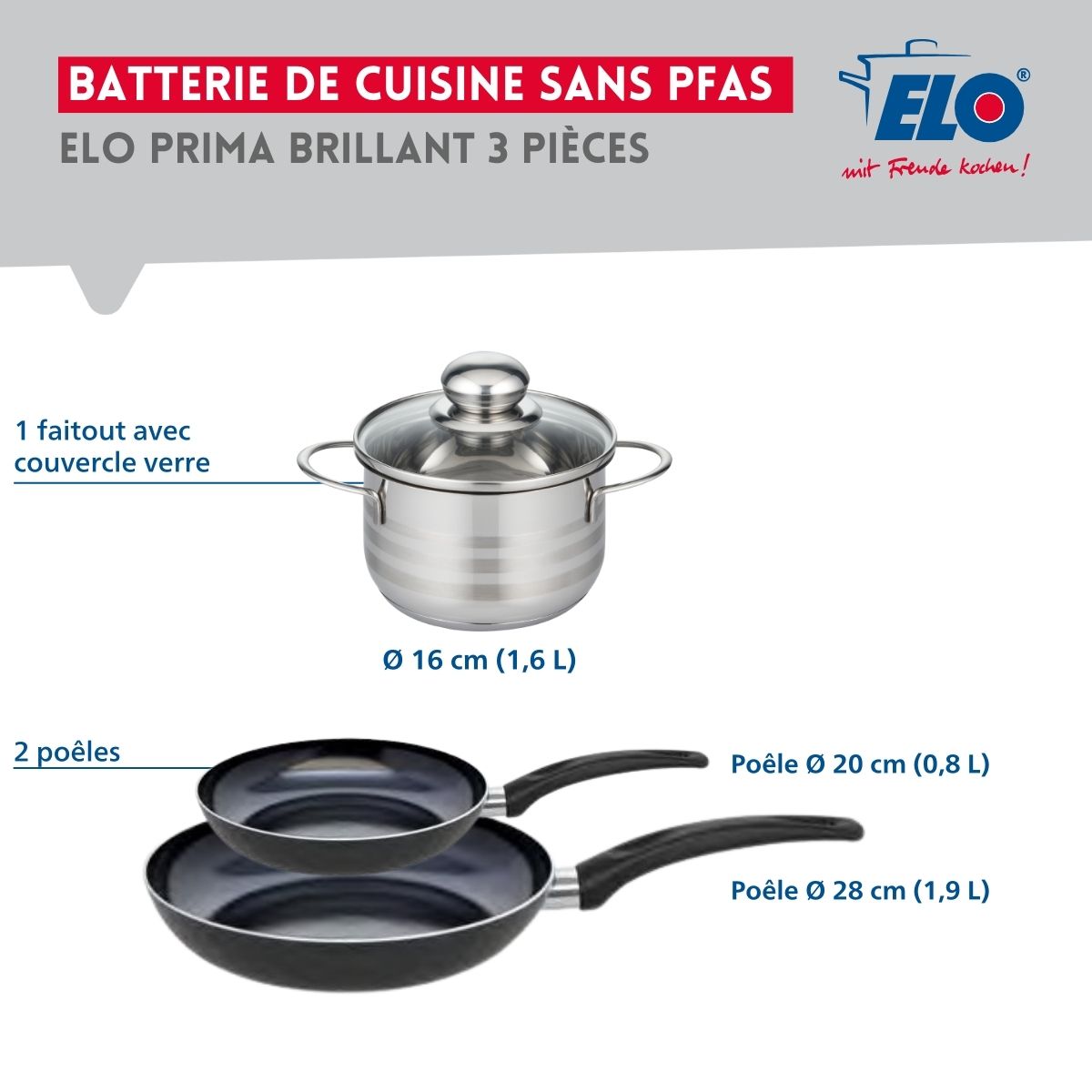Ensemble de 2 Poêles de cuisson 20 et 28 cm et 1 faitout 16 cm  Prima Brillant Elo - Mathon - 2