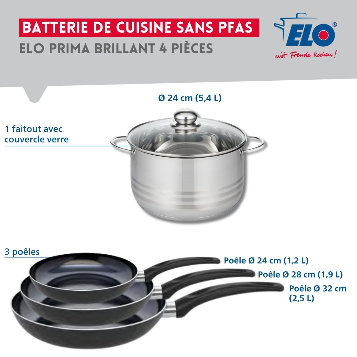 Ensemble de 3 Poêles de cuisson 24, 28 et 32 cm et 1 faitout 24 cm  Prima Brillant Elo - Mathon - 2
